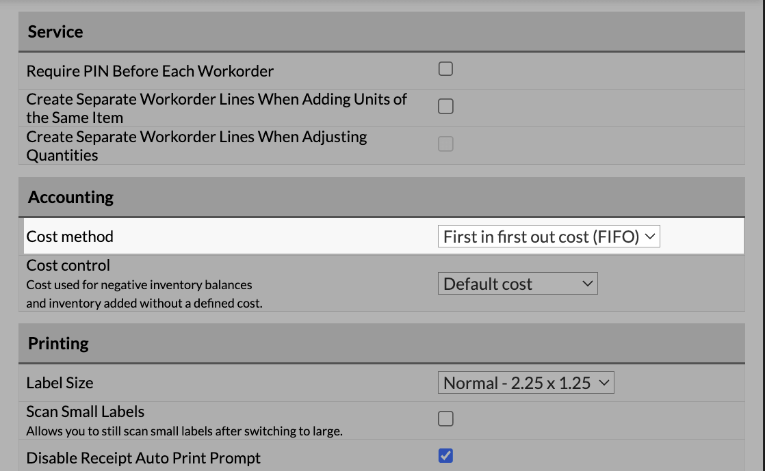 The Accounting settings with the First in first out (FIFO) cost method selected.