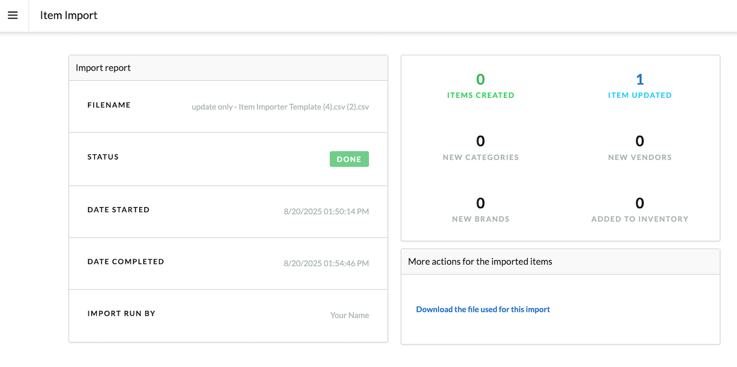Completed item import page showing summary of import for updated items.