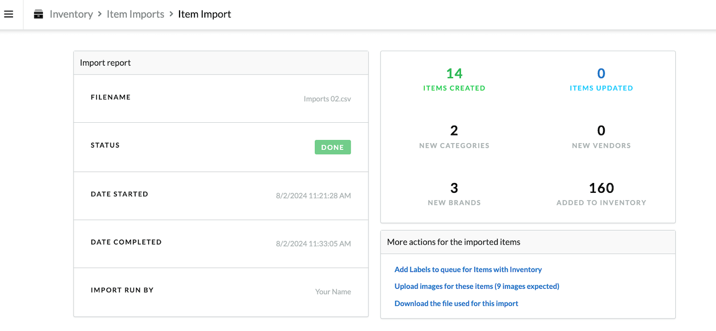 Completed item import page showing summary of import for newly-added item.