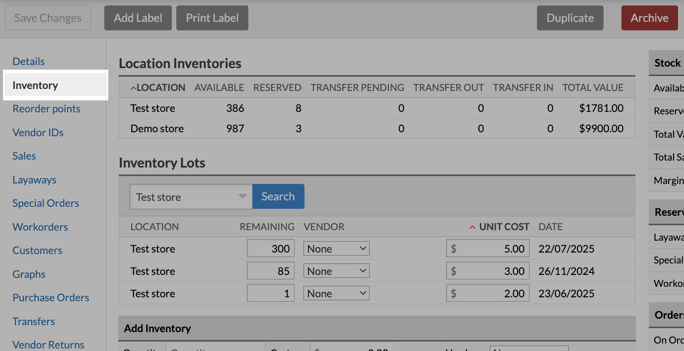 Item page highlighting the Inventory details tab.