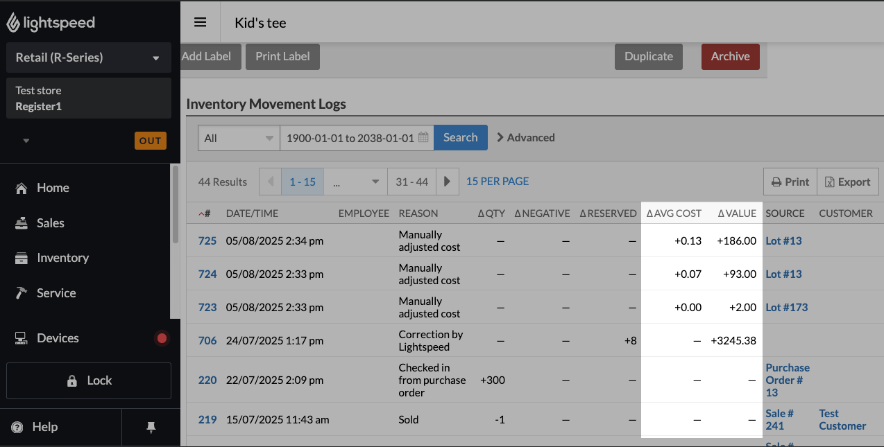 The Inventory Movement Logs table highlighting the change in average cost and change in value columns.