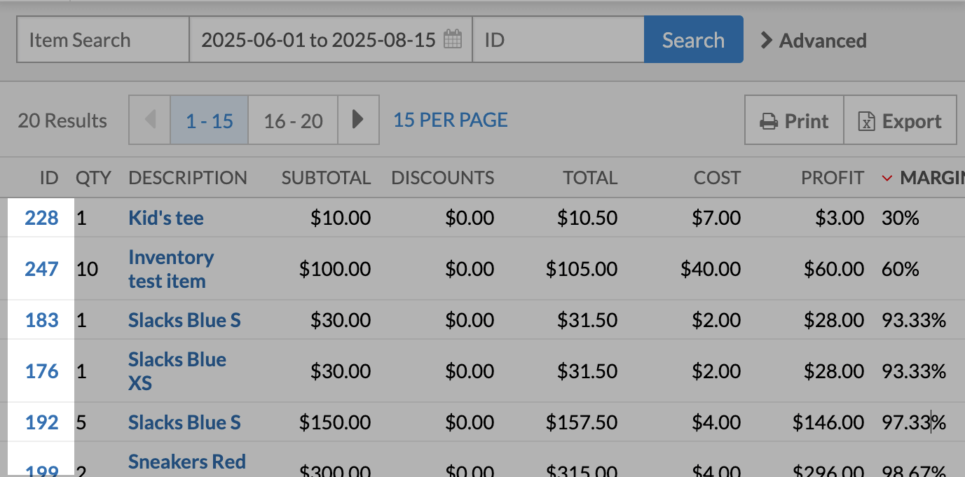 The Margin per line report highlighting clickable sale IDs.
