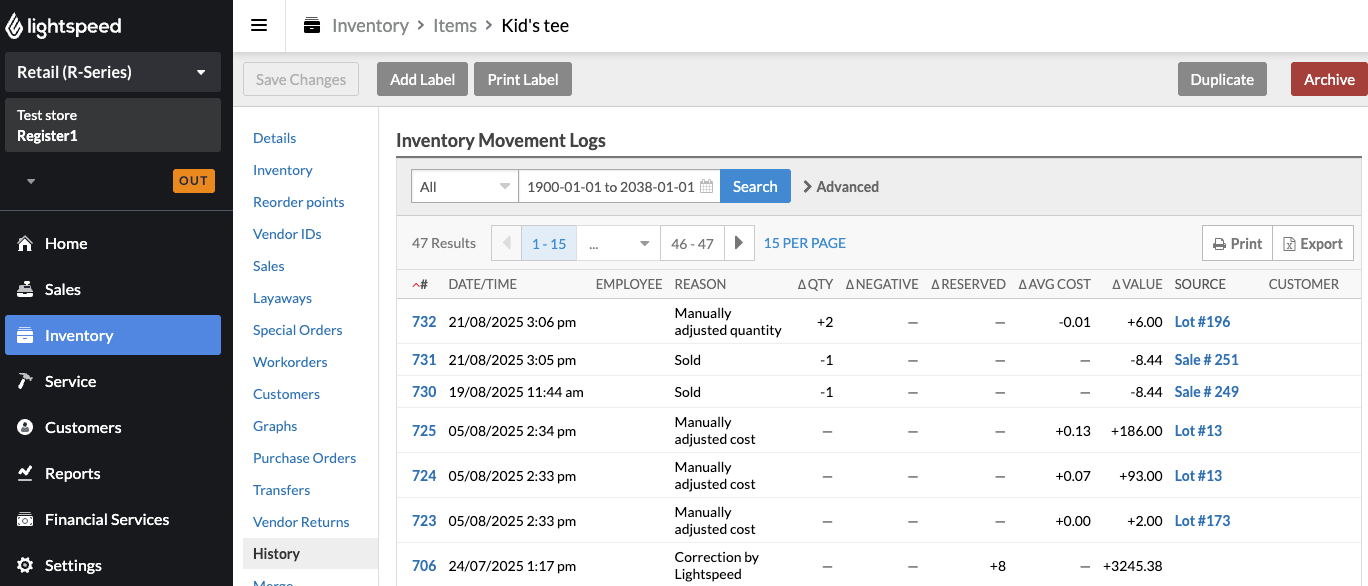 The Inventory Movement Logs table.