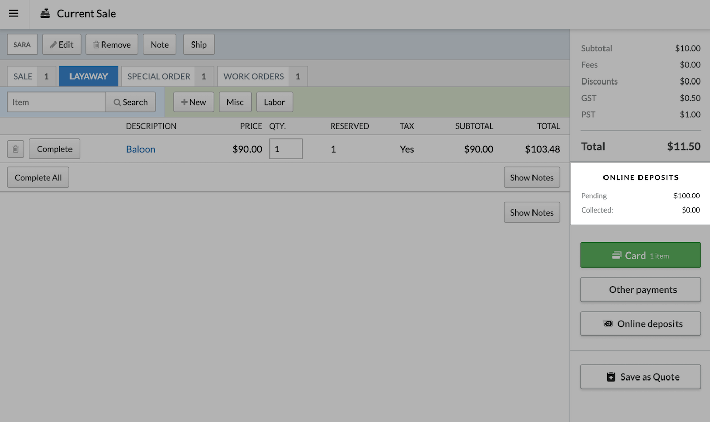 Layaway tab with Online Deposits section emphasized.
