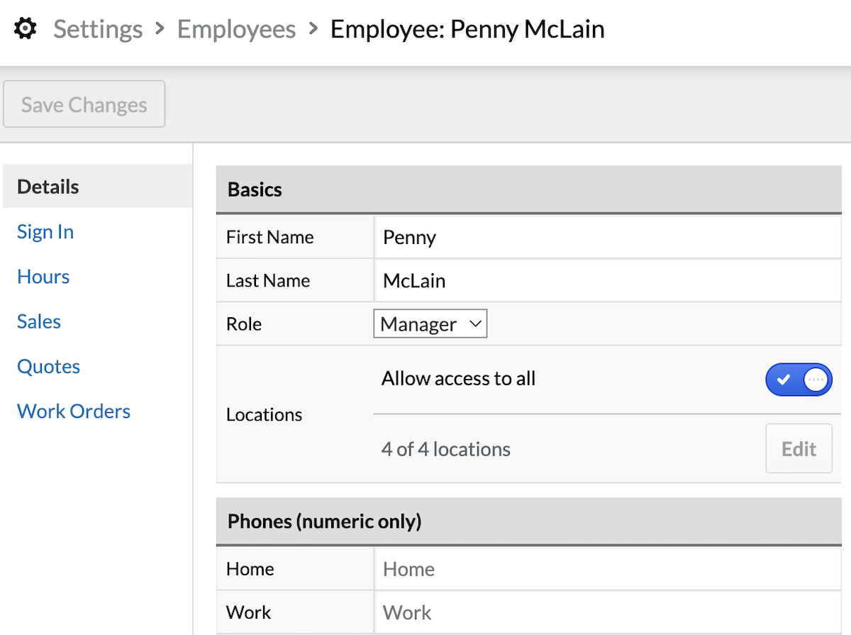 Employee page showing Locations section with Allow access to all toggled on.