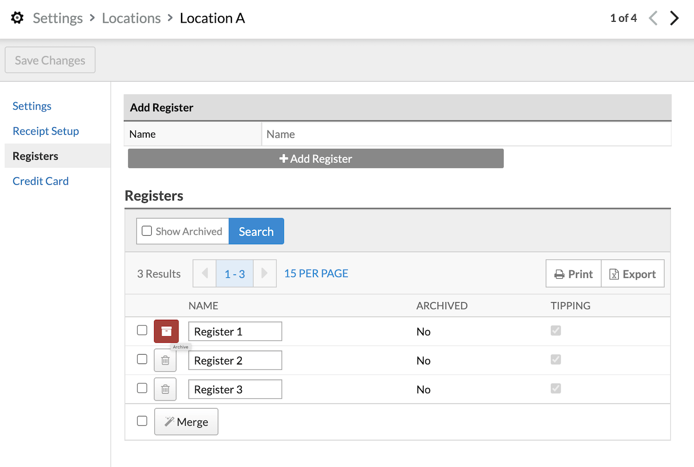 Registers section with Archive button highlighted.