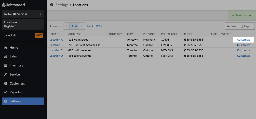Locations page with Customize emphasized.