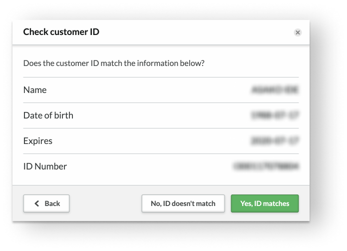 Check customer ID pop-up window with Name, Date of birth, Expires, and ID Number listed.