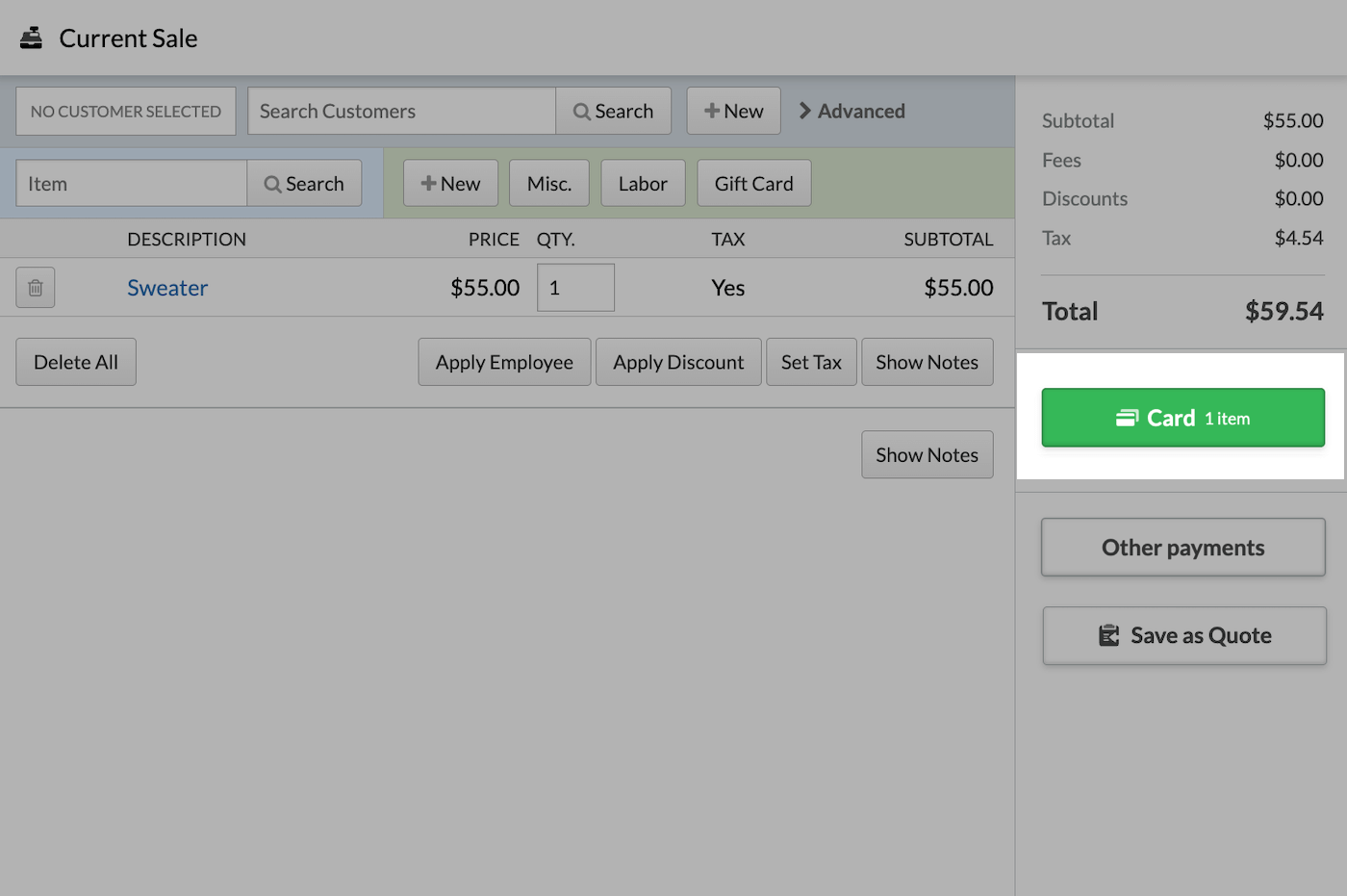 Sale screen with the quickpay card button highlighted.