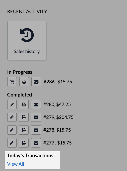 The Today's Transactions section highlighting the View All link.