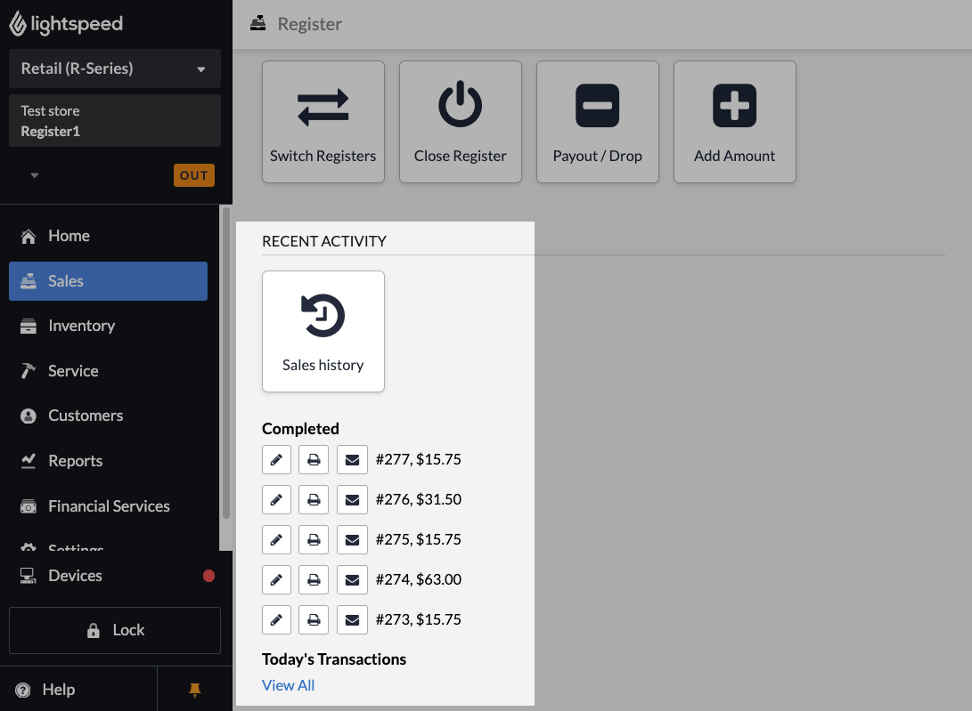 The Recent activity section of the Sales page.