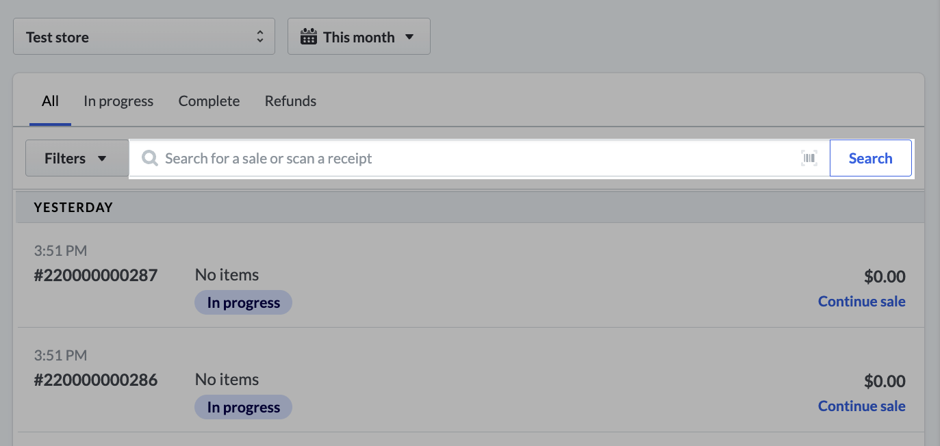 The Sales History, highlighting the search bar.