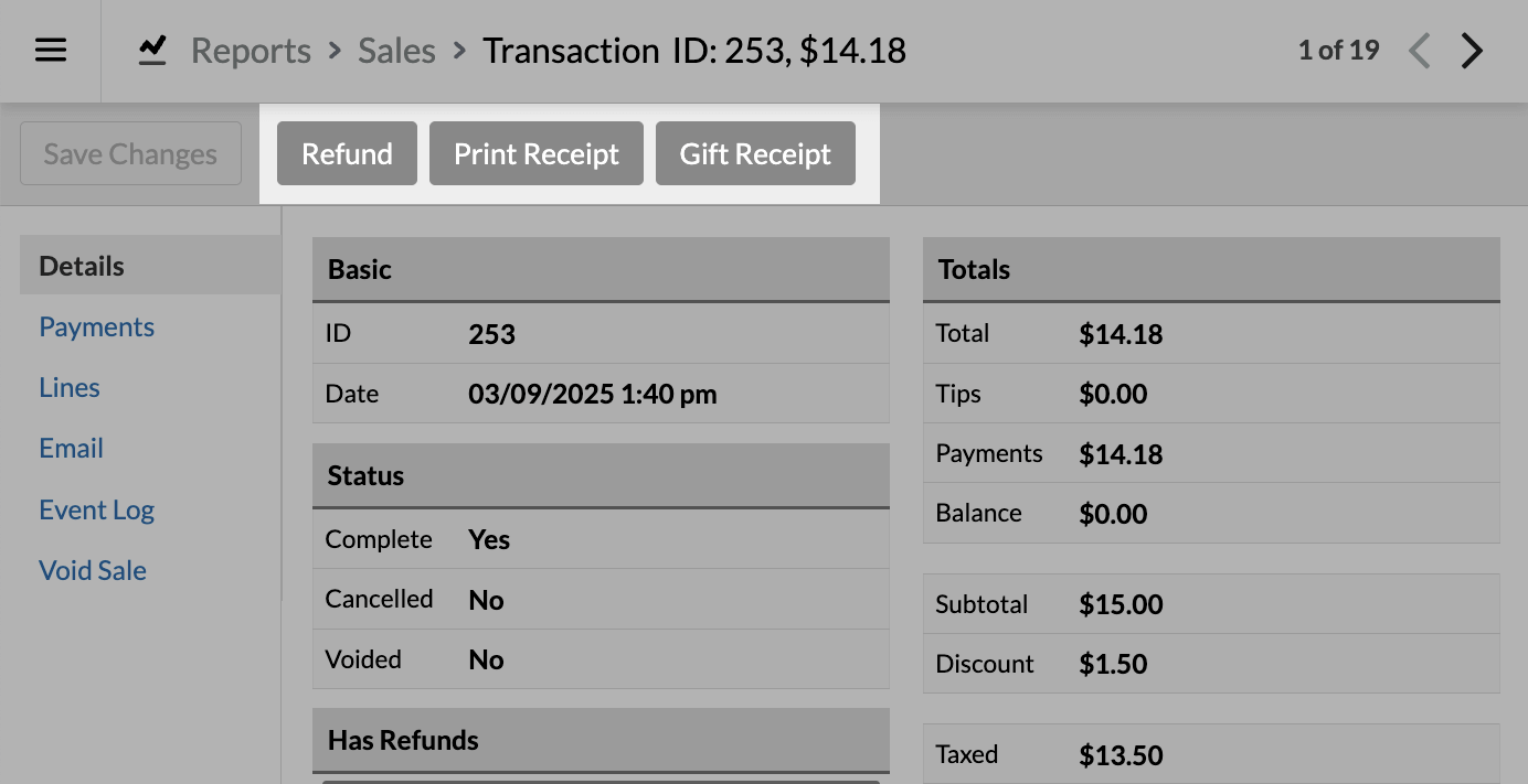 A sales highlighting the Refund, Print receipt, and Gift receipt buttons.