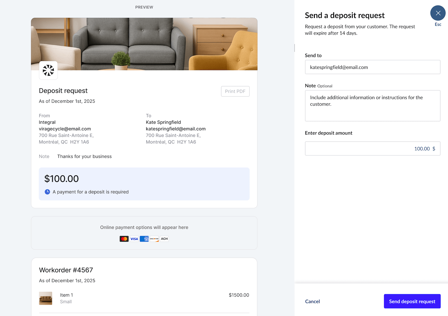 Pop-up window with fields for customer's email, note, and deposit amount.