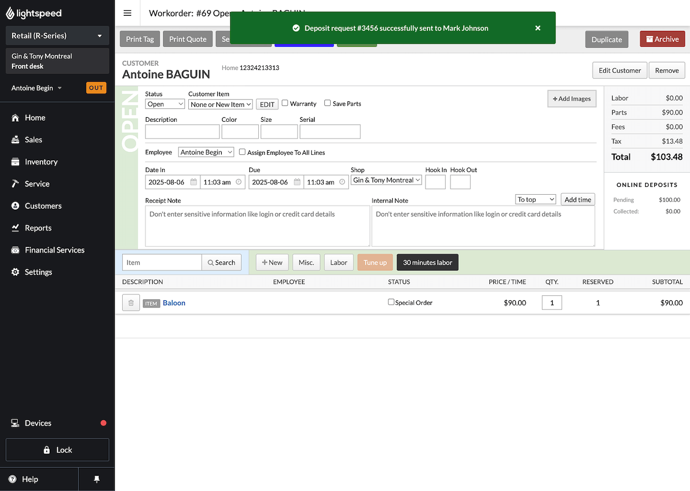 Current Sale page showing temporary confirmation banner.