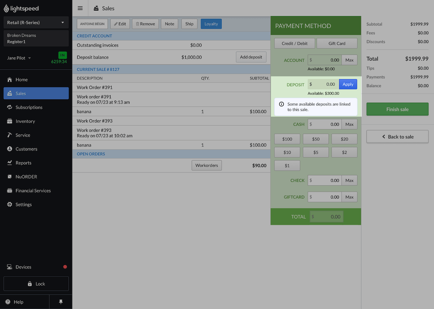 Sale with Payments open and Deposit field emphasized.
