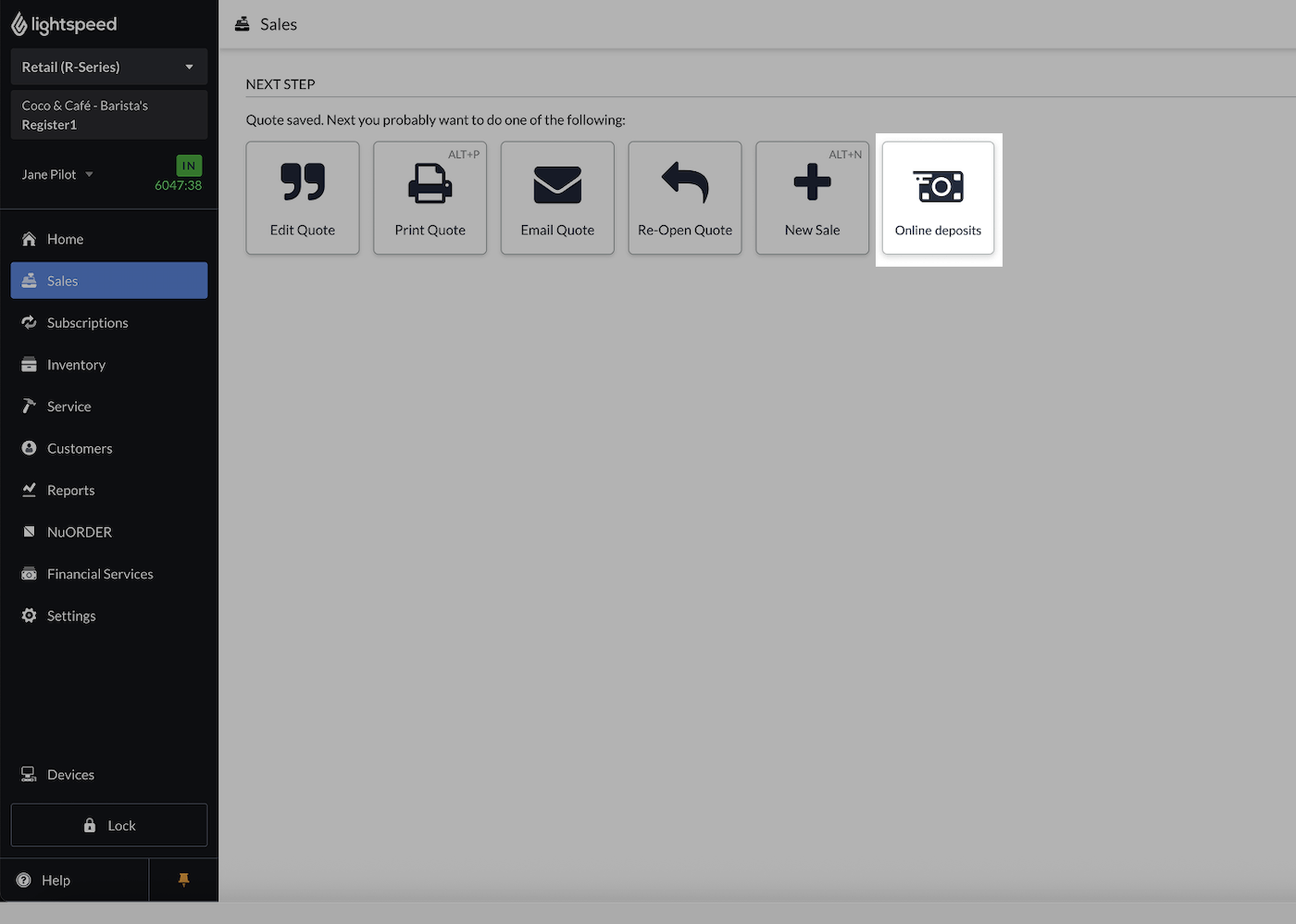 Completed sale page with Online deposits button emphasized.