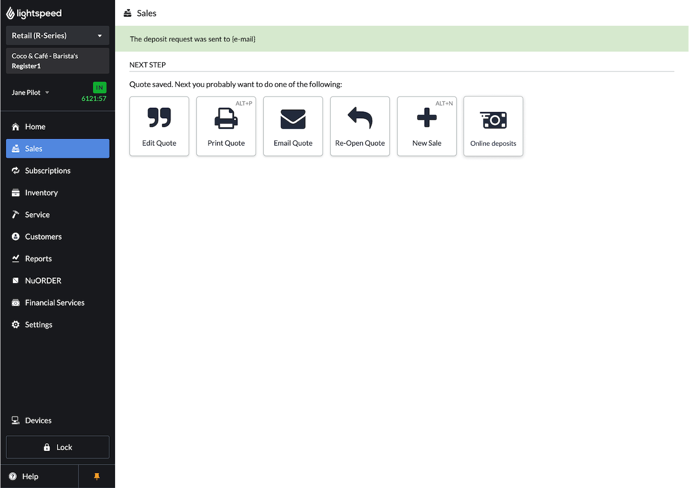 Sales page with temporary banner confirming the deposit request was sent.