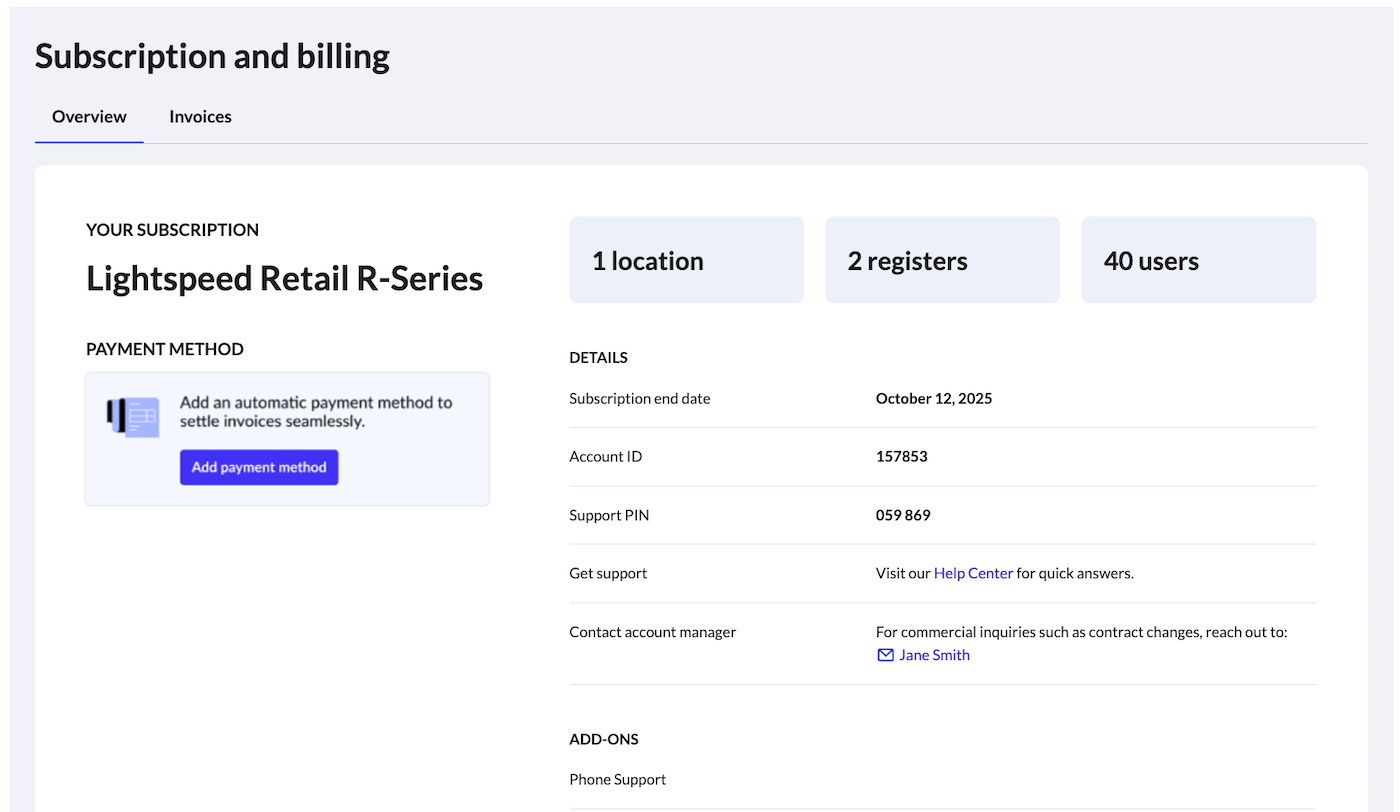Overview tab of the billing and subscription page.