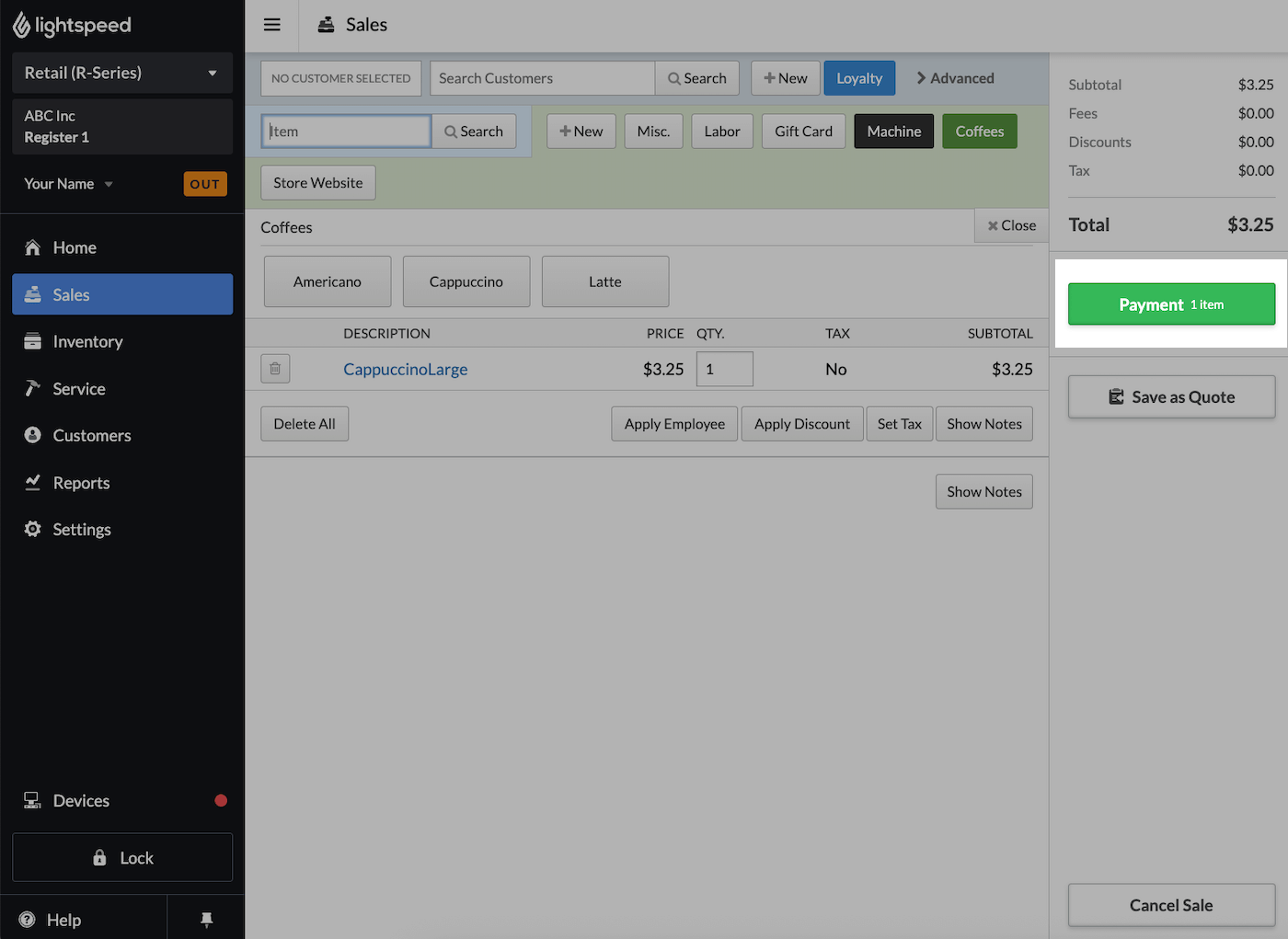 Sales screen with Payment button emphasized.