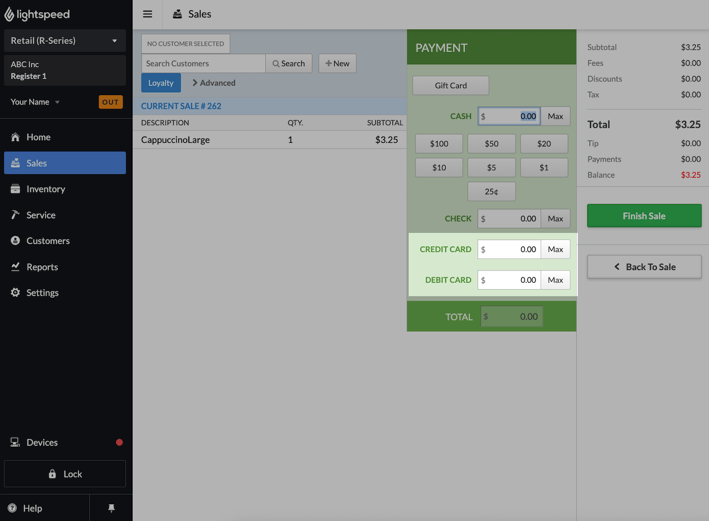 Sales screen with Payment section visible and Credit Card and Debit Card sections emphasized.