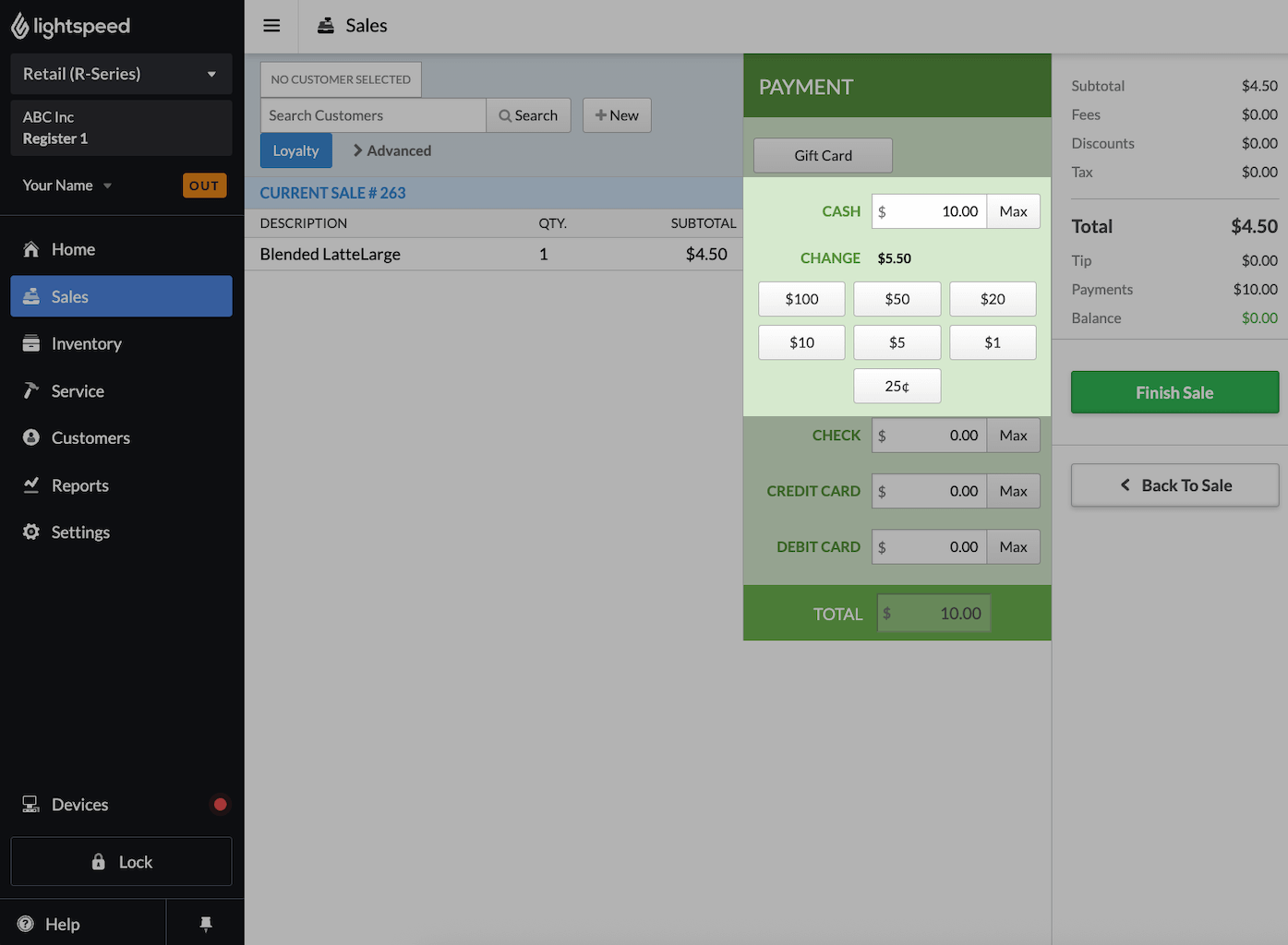 Sales screen with Payment section visible and Cash options emphasized.