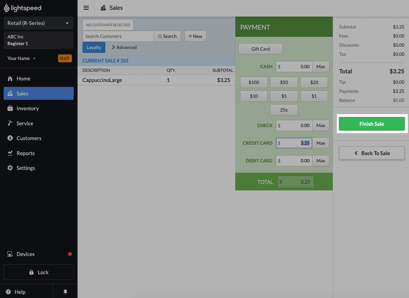 Sales screen with Finish Sale button emphasized.
