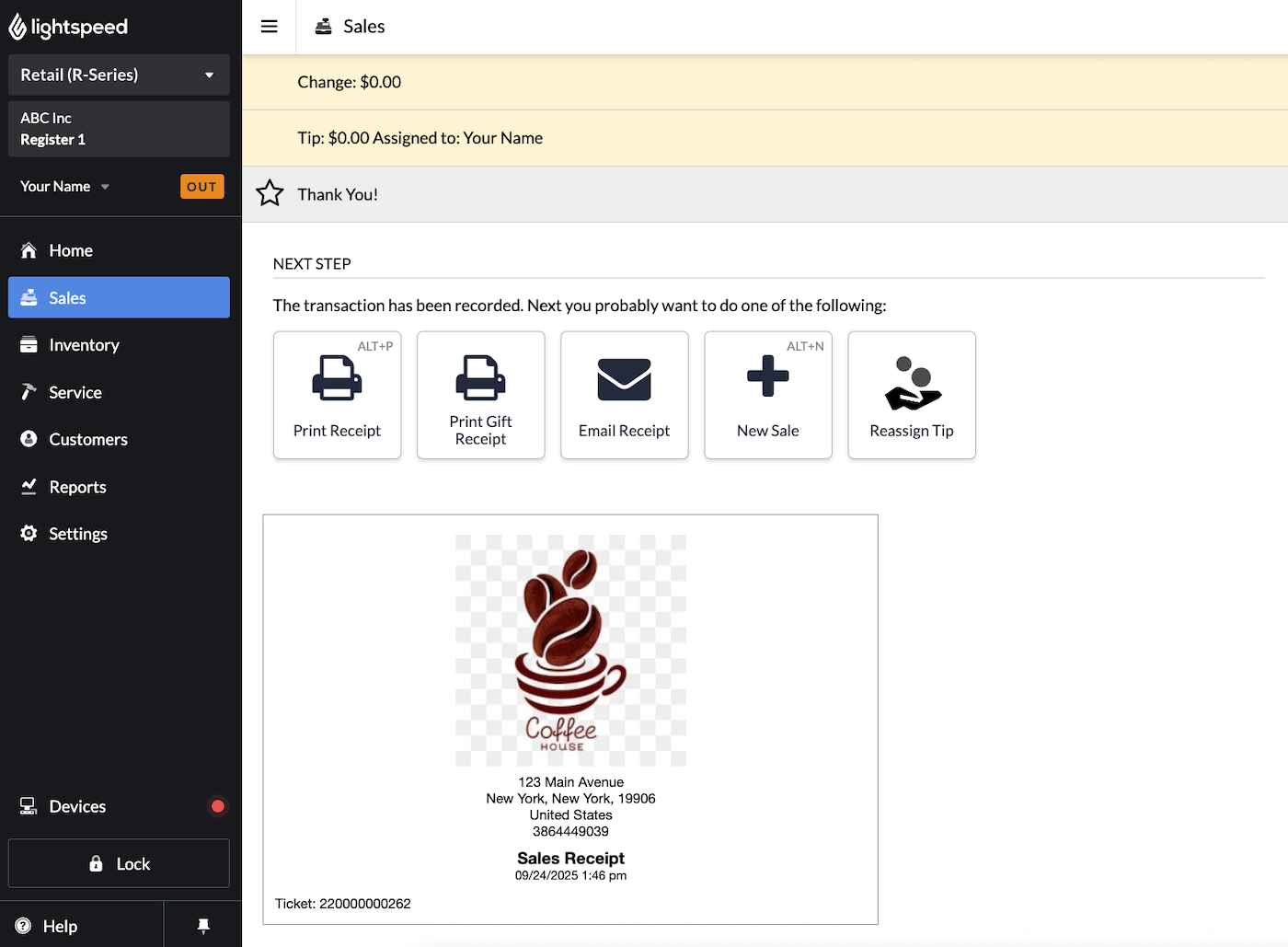 Finished transaction screen with options to Print Receipt, Print Gift Receipt, Email Receipt, create a New Sale, or Reassign tip.
