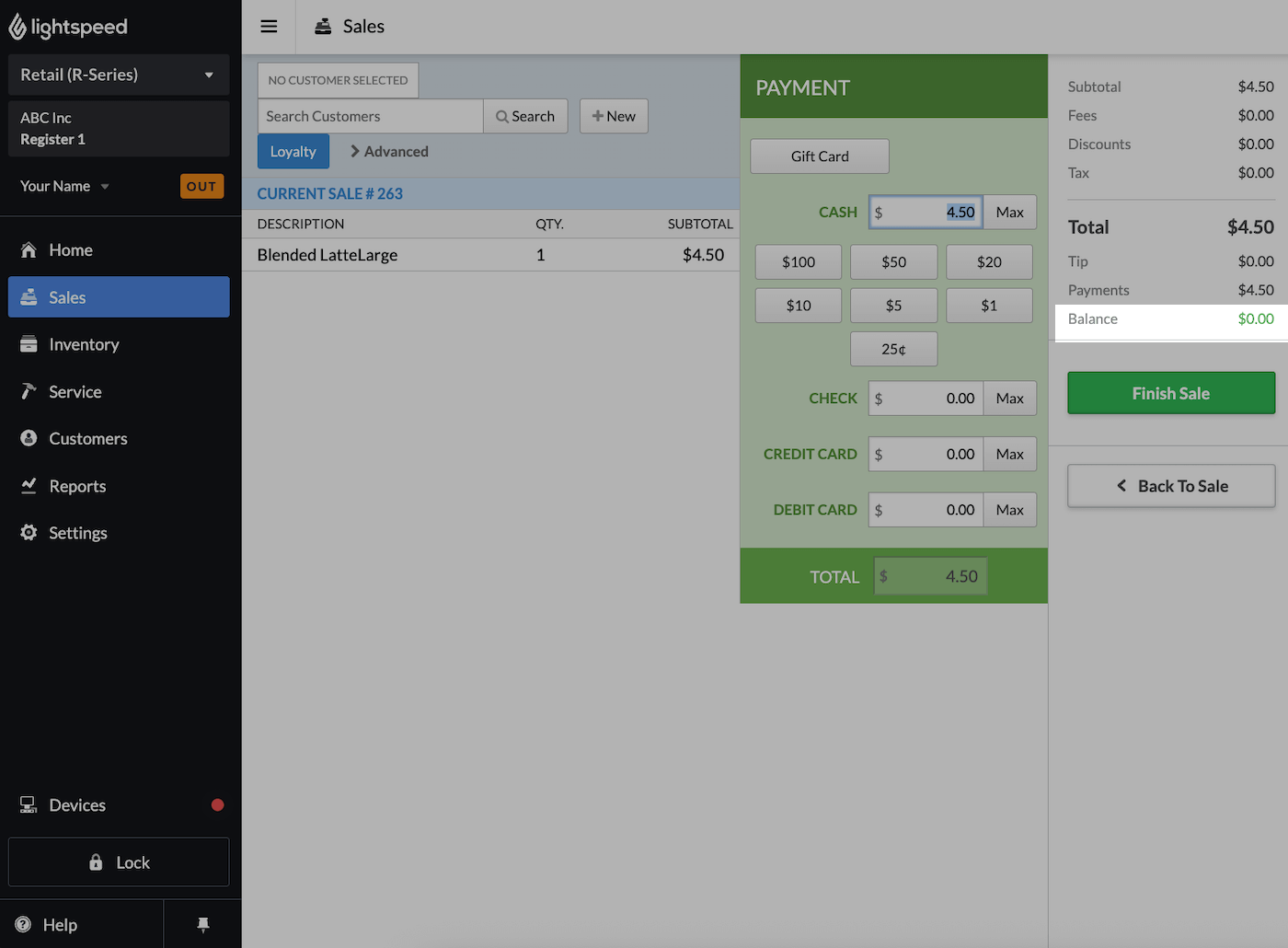 Sales screen with Balance emphasized.