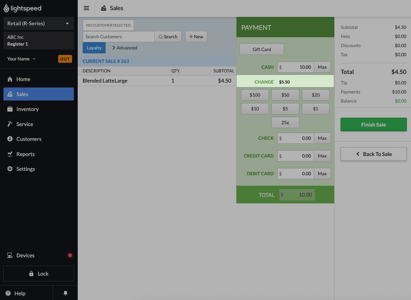 Sales screen with Change amount emphasized.