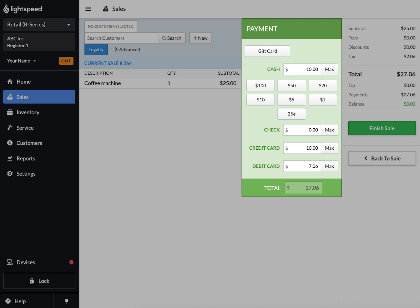 Sales screen with Payment section emphasized, showing payment amounts split across multiple methods.