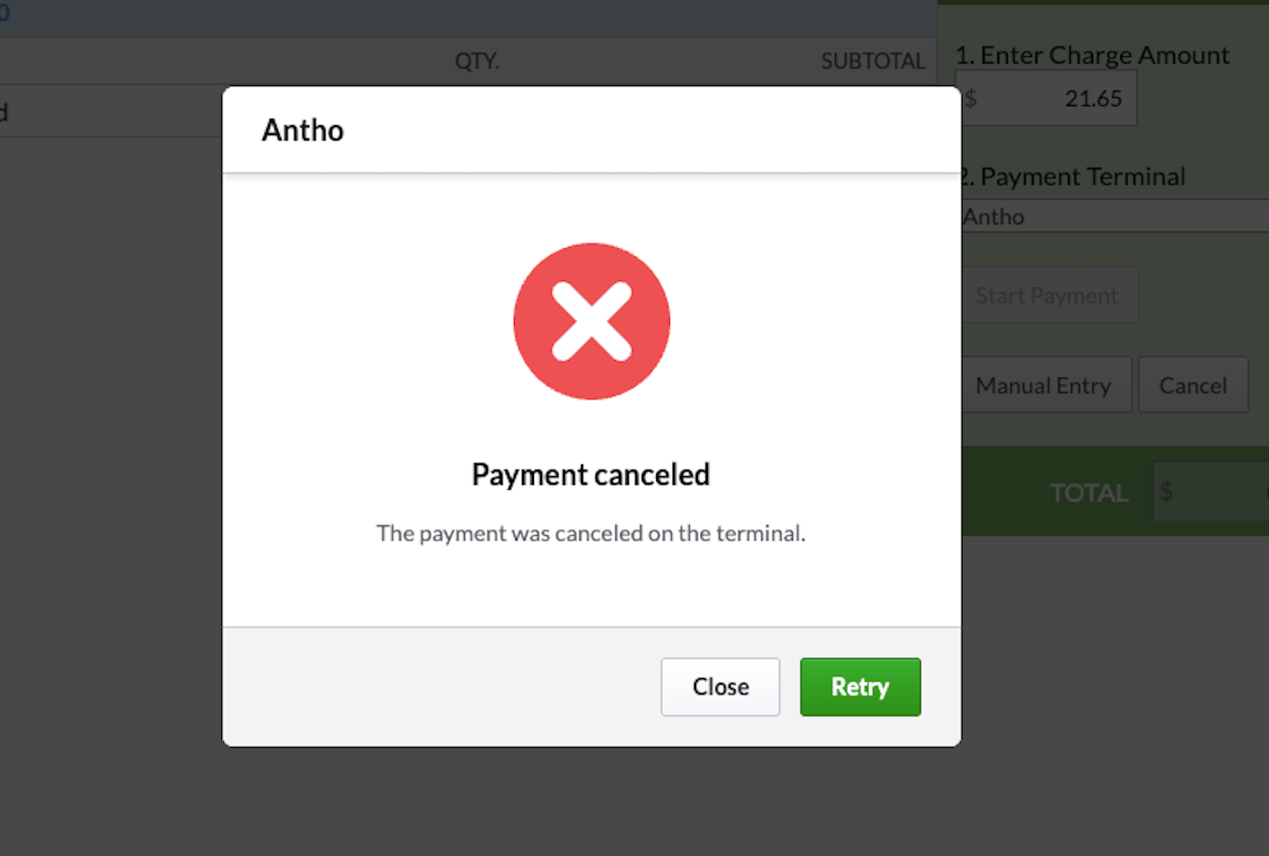 Payment cancelled message with options to Close the window or Retry.