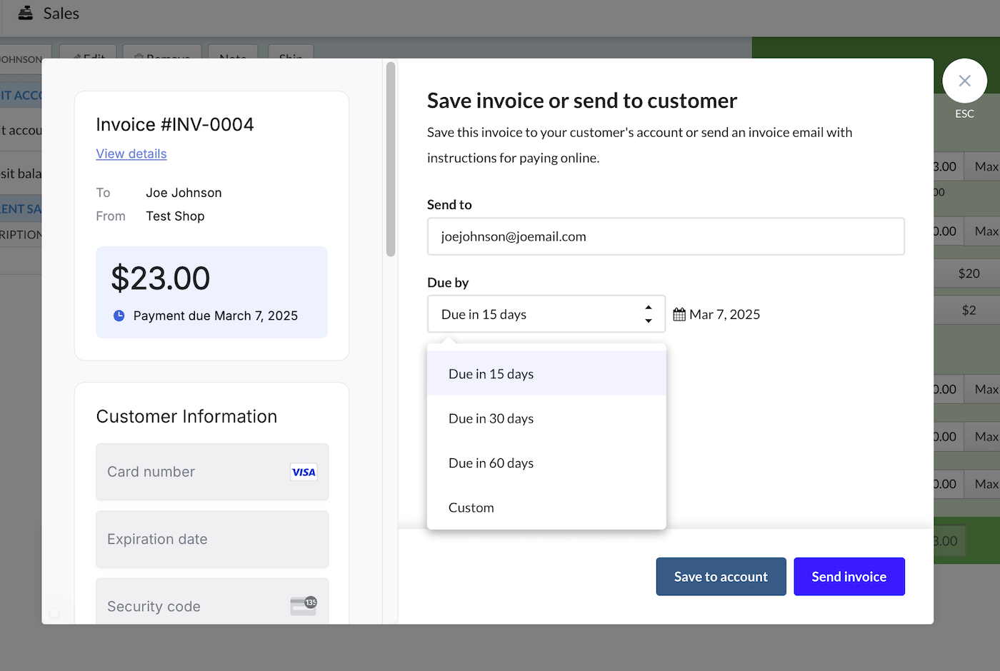 Save invoice or send to customer preview window.