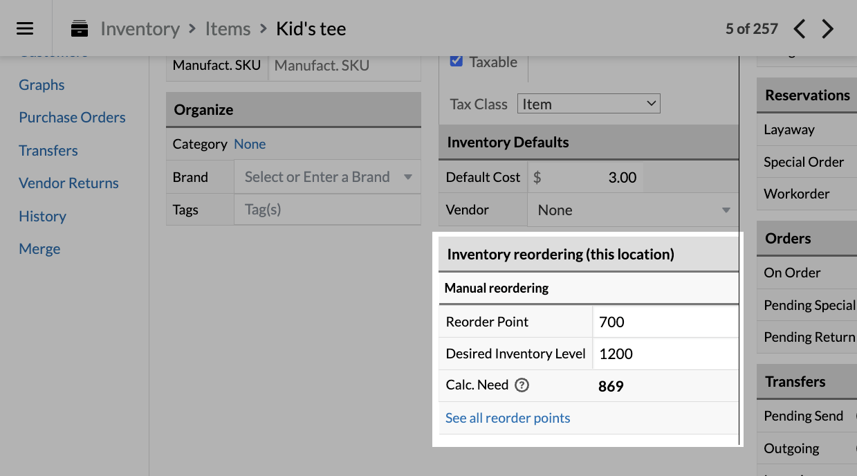 An item page, highlighting the Inventory reordering (this location) section.