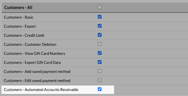 Employee role permissions page with 'Customers - Automated Accounts Receivable' highlighted and box checked.