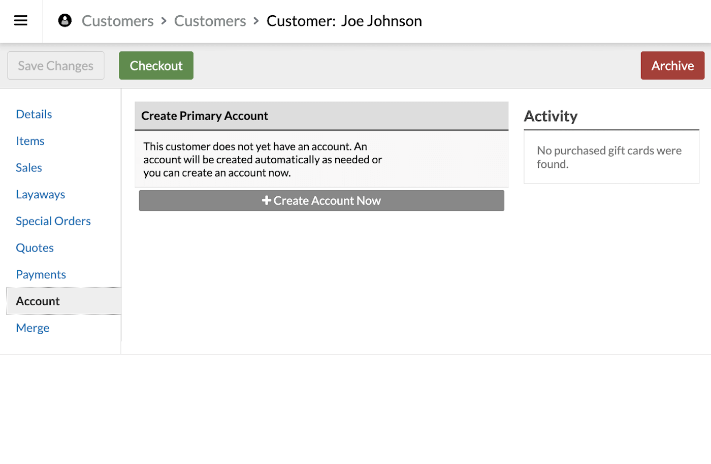 Customer page on the Account tab.