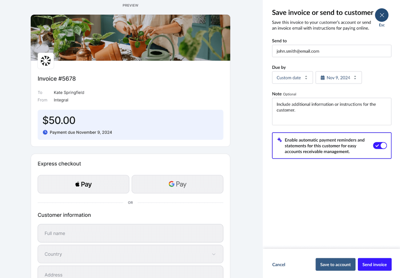 Invoice page with 'Enable automatic payment reminders and statements for this customer' option toggled on.