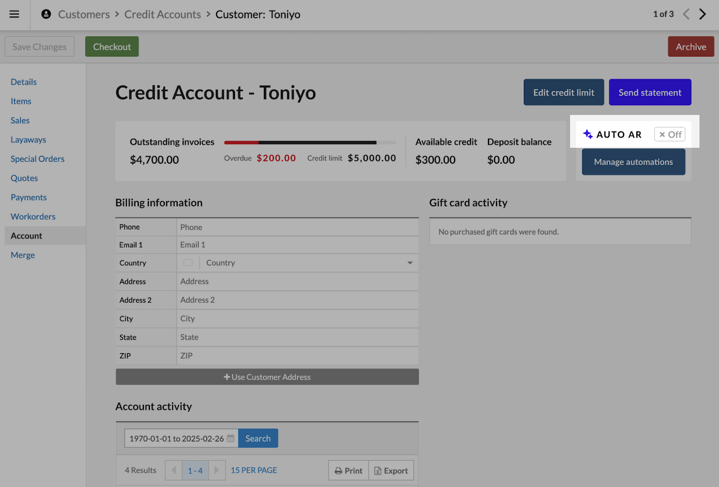 Customer page on the Account tab with 'Auto AR' toggle highlighted.