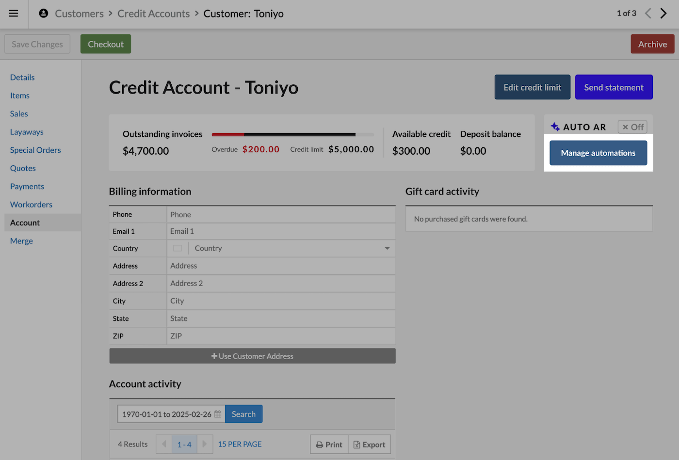 Customer page on the Account tab with Manage automation button highlighted.