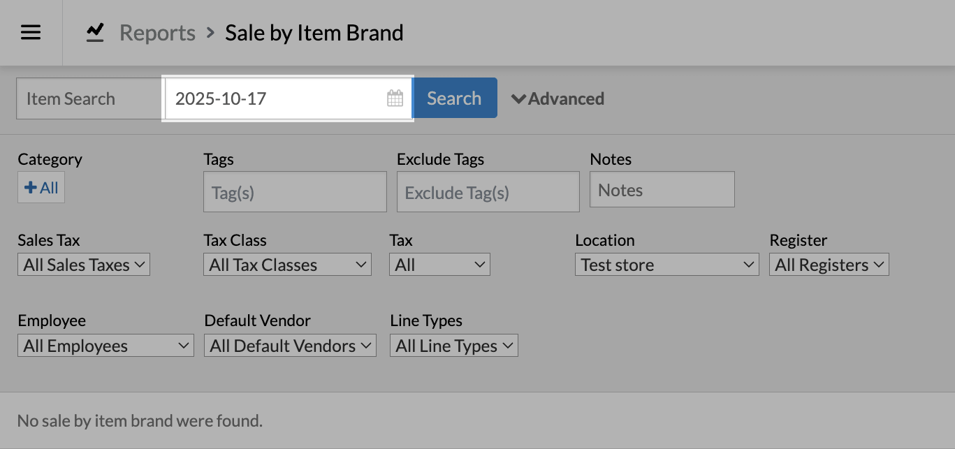 The Sale item by brand report, highlighting the date selector.