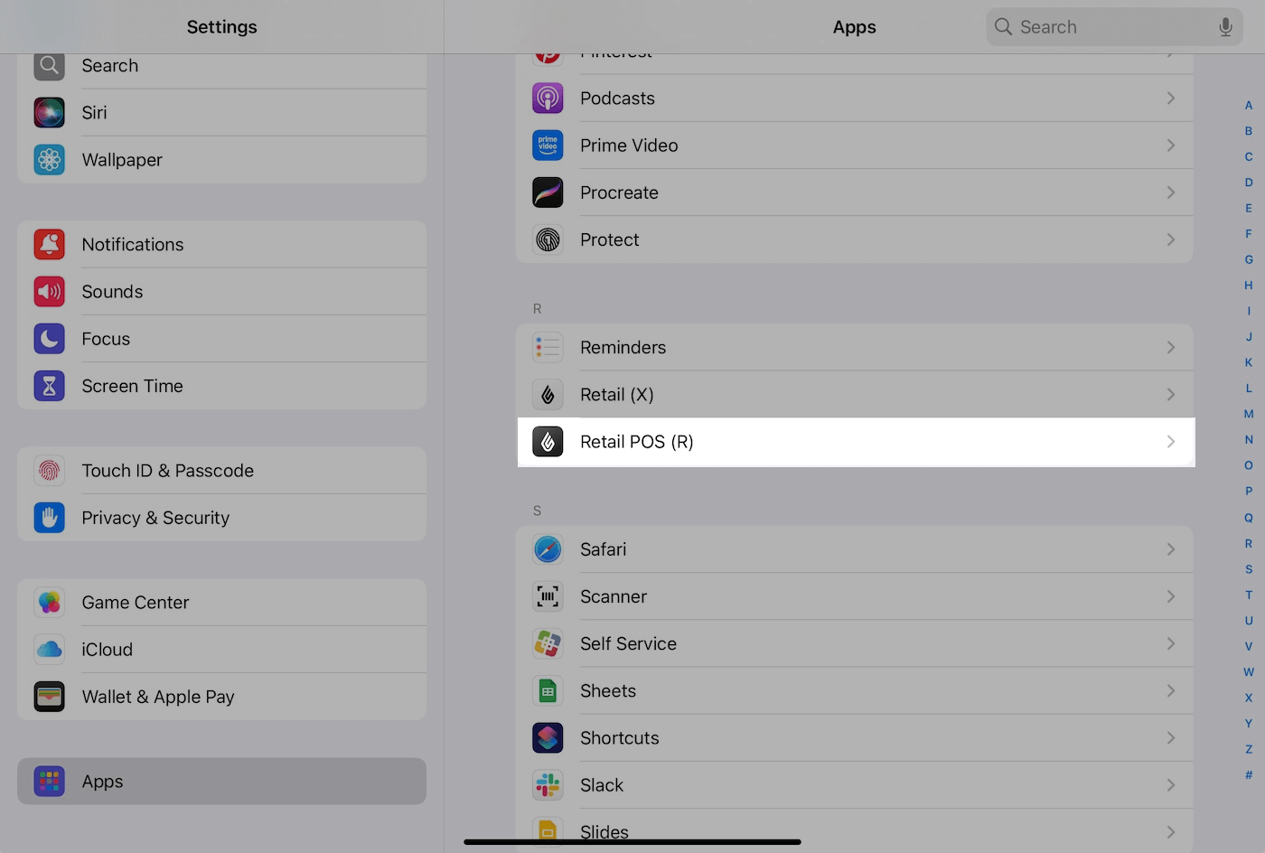 Apps setting with Retail POS (R) app emphasized.