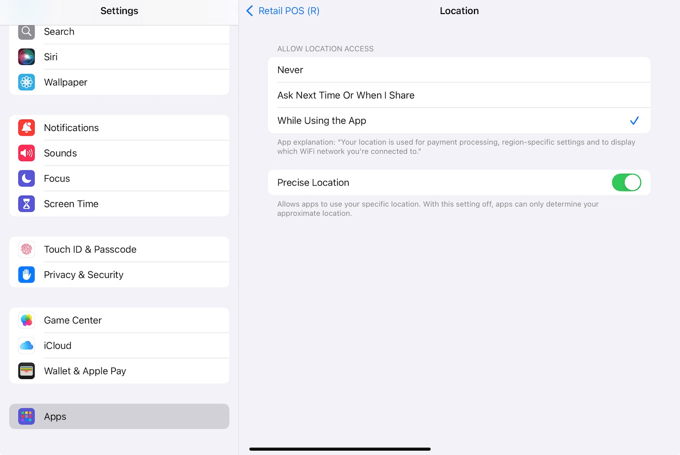 Location page for Retail POS (R) app with While Using the App selected.