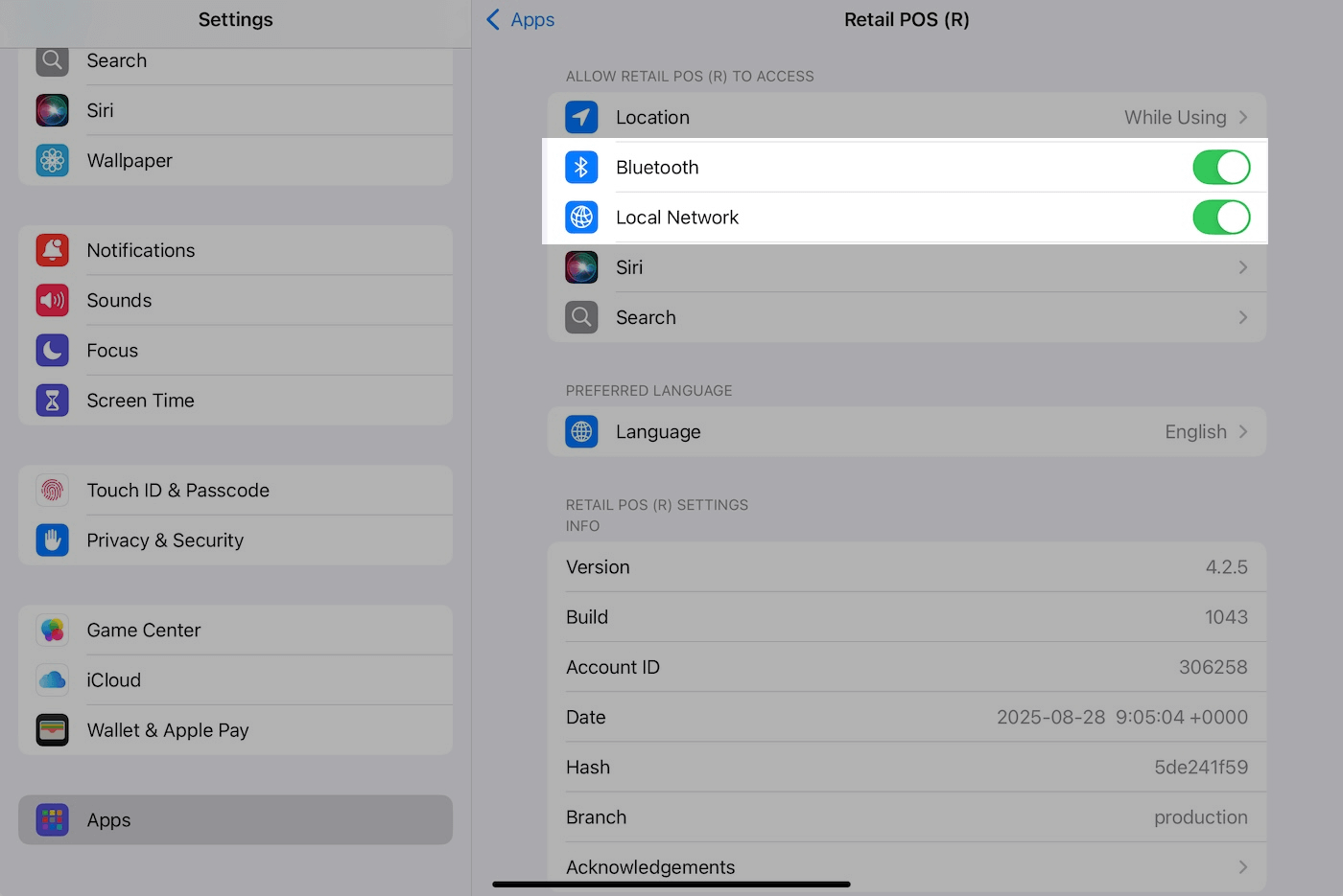 Retail POS (R) app page with Bluetooth and Local Network options emphasized and toggled on.