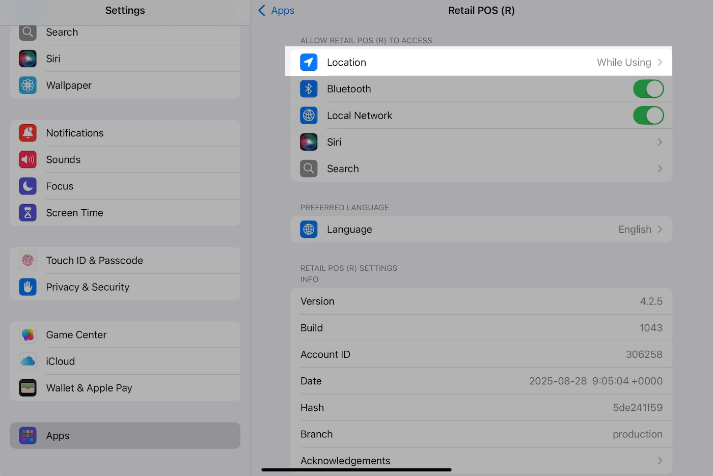 Retail POS (R) app page with Location emphasized.