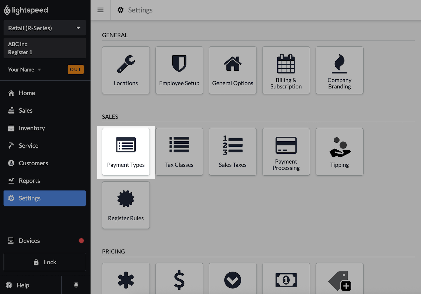 Settings page with Payment Types emphasized.
