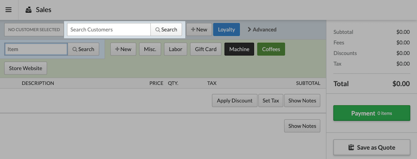 New sale with Search Customers field emphasized.