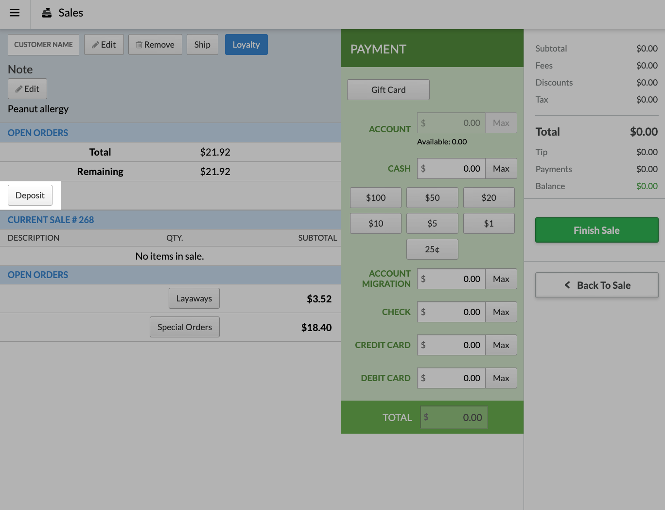 Payment page with Deposit button emphasized.