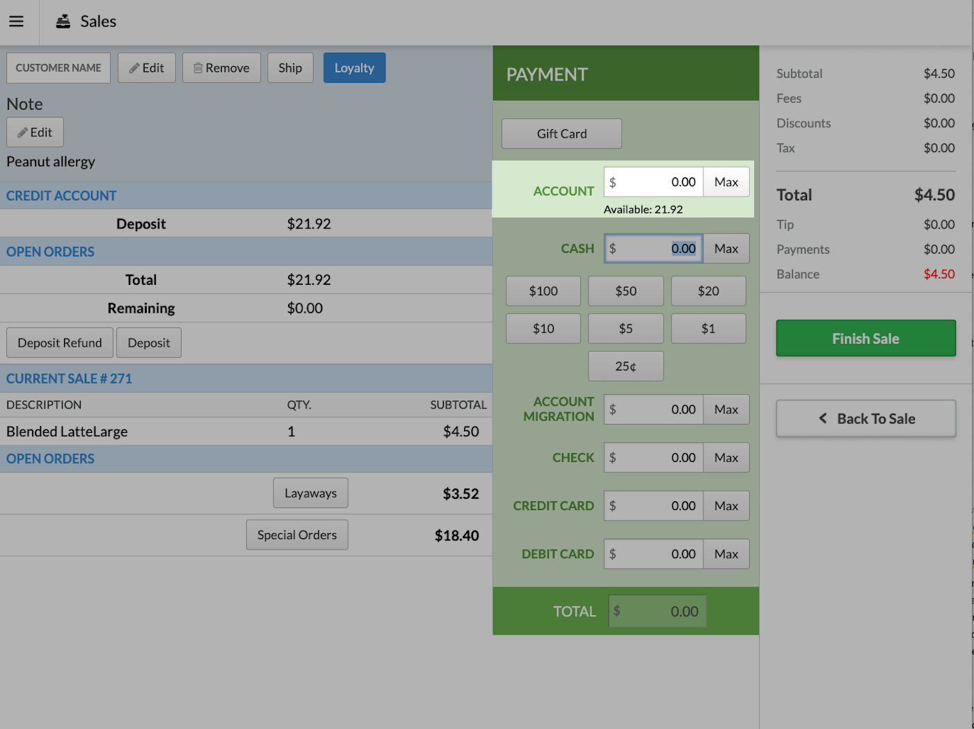 Payment page with Account emphasized showing the customer's available balance.