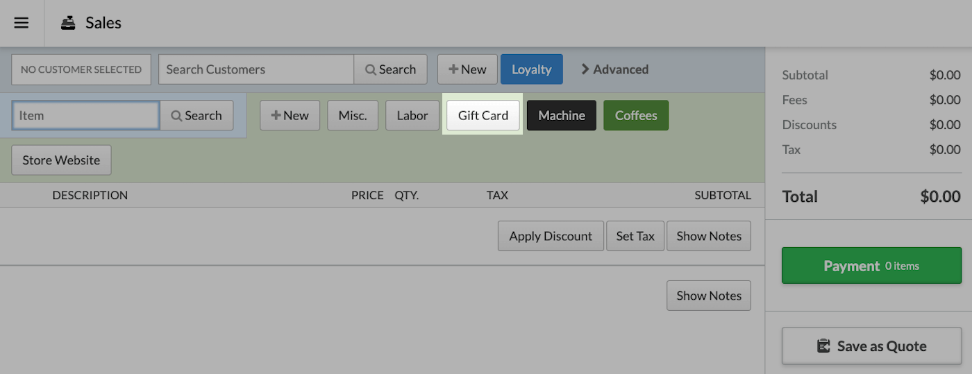 Sales page with Gift Card emphasized.