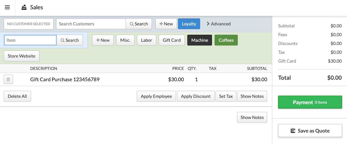 Sale with gift card added and Payment option visible.